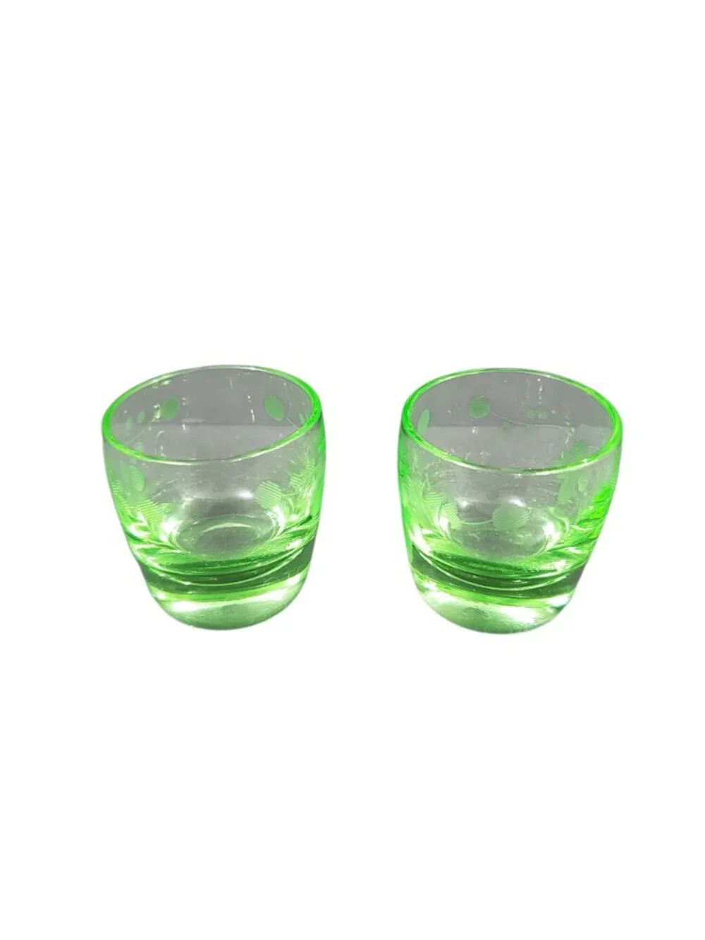 Vtg Uranium Vaseline Glass Shot Glasses Wheel Cut Etched Floral Pattern 1 3/4